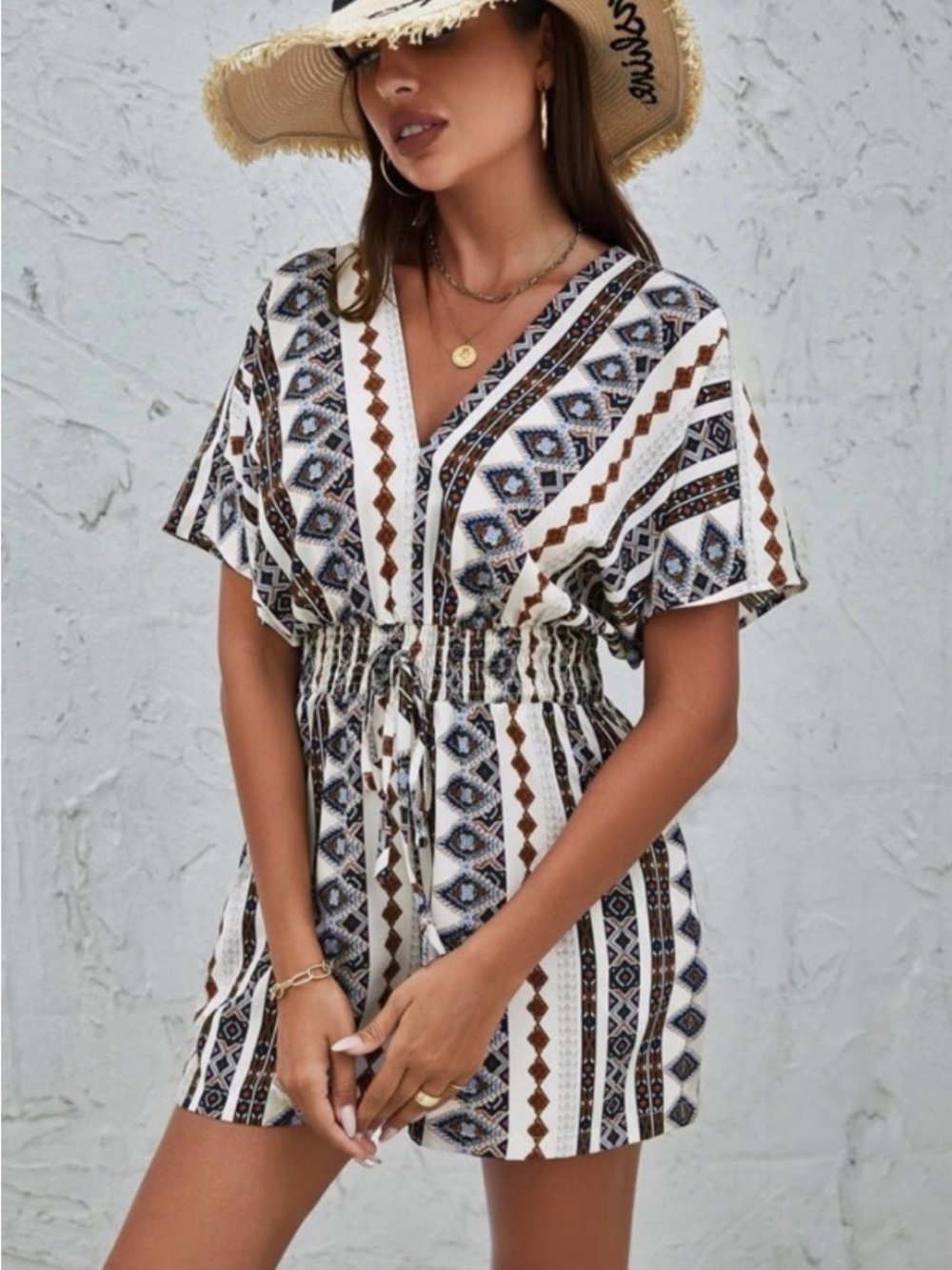 Boho V-Neck Smocked Waist romper in White & Brown blue Geo Print